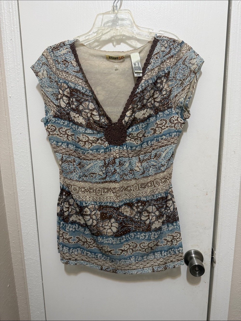 Stampd Blue and Brown Printed V-Neck Blouse with Crochet Trim